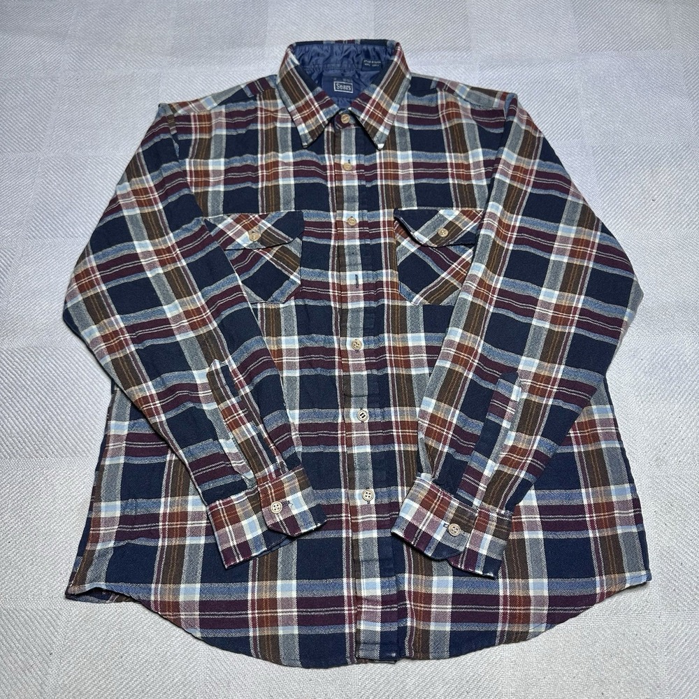 Vintage 70s 80s Sears Flannel Shirt Mens Medium Navy Plaid Acrylic‎ Dual Pocket - Picture 2 of 13
